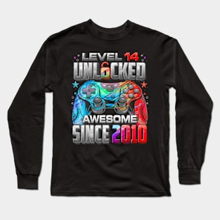 Level 14 Unlocked Awesome Since 2010 14Th Birthday Gaming Long Sleeve T-Shirt